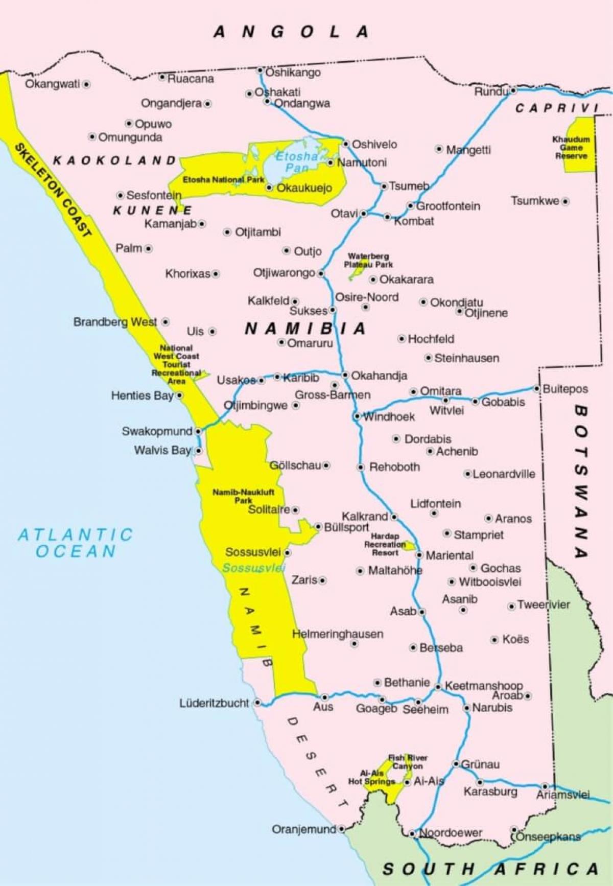 Mapa Namibii pokazując miast