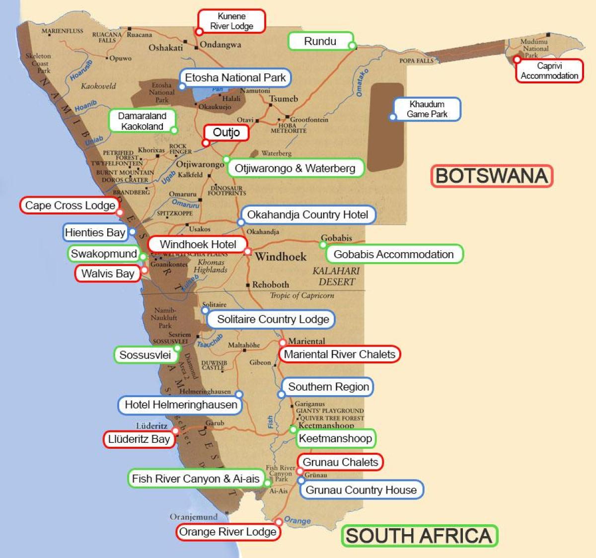 Mapa Namibii лоджес