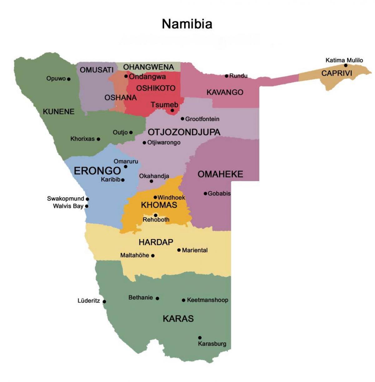 Mapa Namibii z regionami
